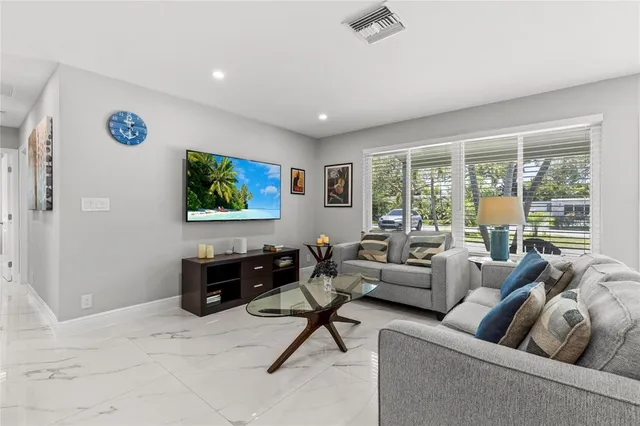 a view of a dining room with furniture