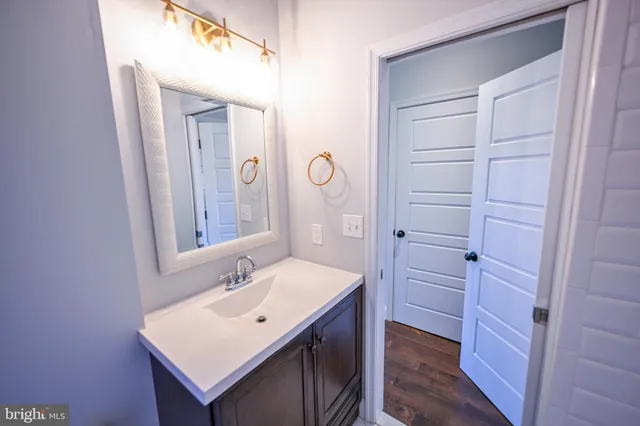 a bathroom with a sink a mirror and a shower