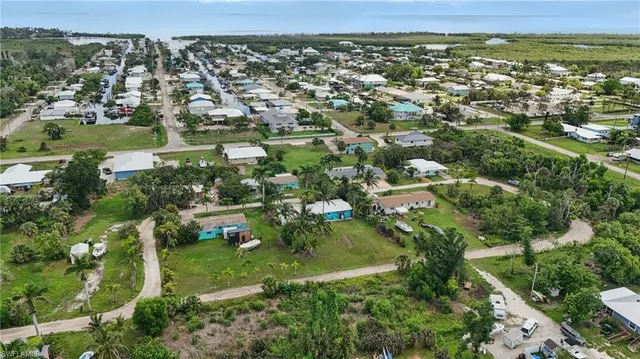 an aerial view of residential houses with outdoor space and trees