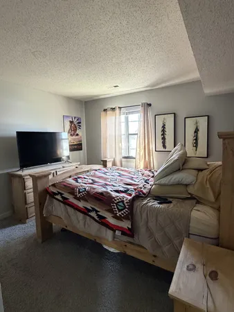a bedroom with a bed and a flat screen tv