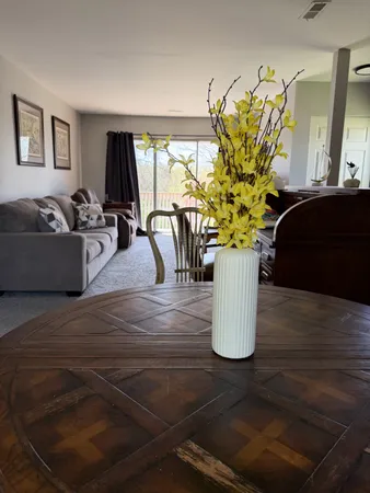 a view of living room with furniture and a potted plant