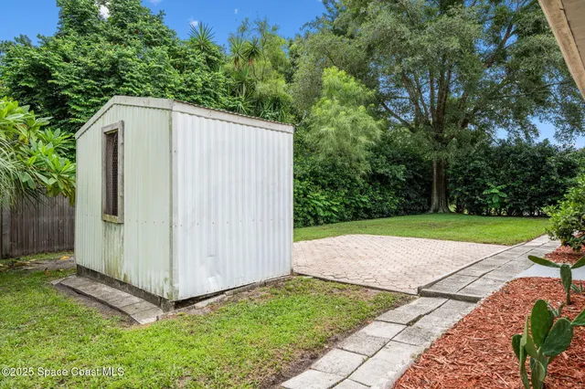 a view of backyard with a barn and a cactus plant