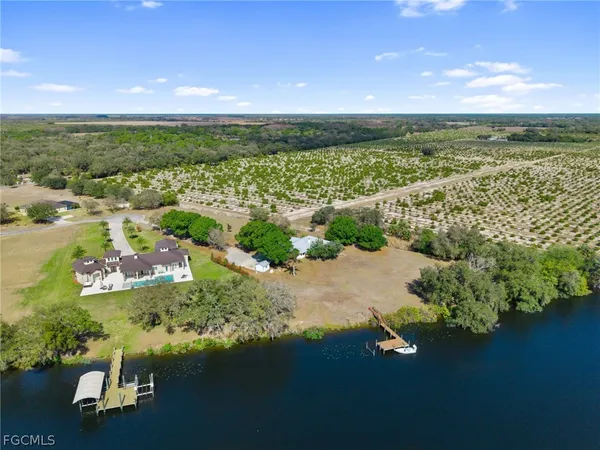 an aerial view of residential houses with outdoor space and trees