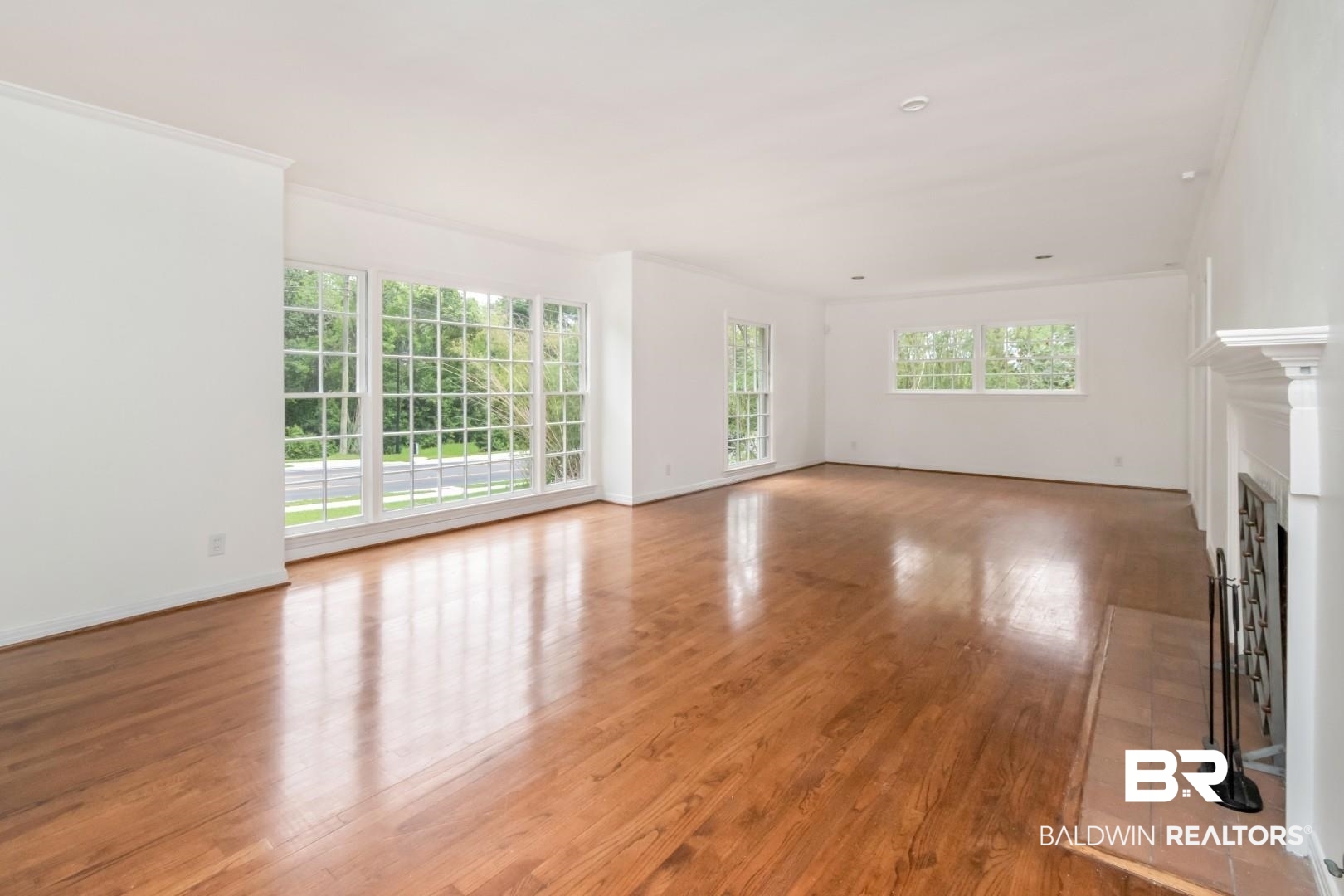 4 Turnout Lane Mobile, AL 36608 - Photo 6 of 53 Unfurnished living room with light wood finished floors, a fireplace, and ornamental molding