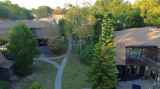 a view of a backyard with plants and large trees with wooden fence
