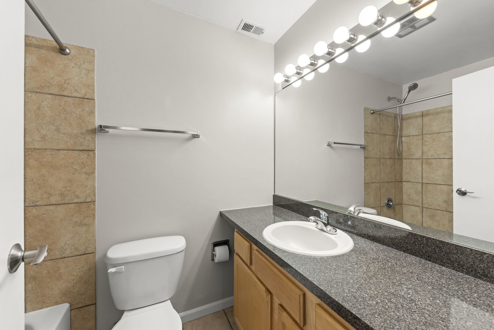 6010 Forest View Road, Unit 3A Lisle, IL 60532 - Photo 15 of 20 a bathroom with a granite countertop sink toilet a mirror and shower