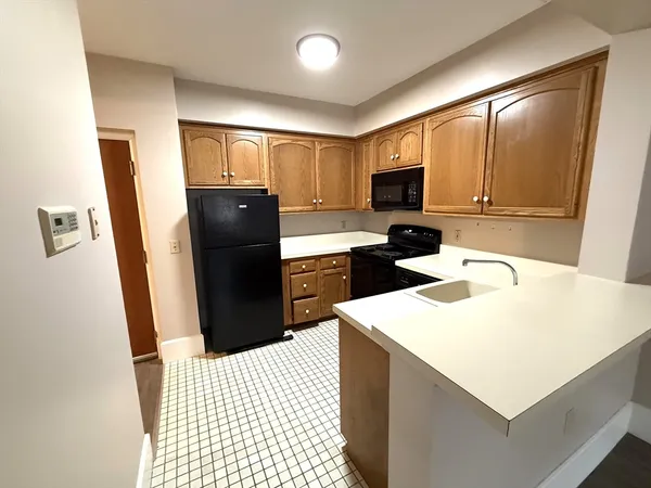 a kitchen with a sink a refrigerator and wooden cabinets