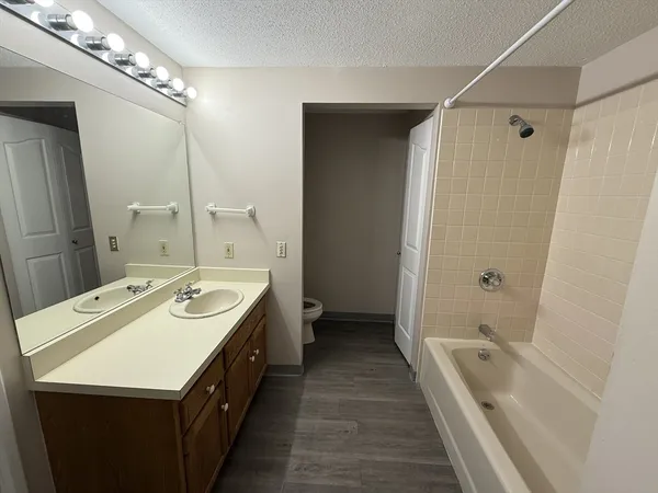 a bathroom with a double vanity sink mirror double and bathtub