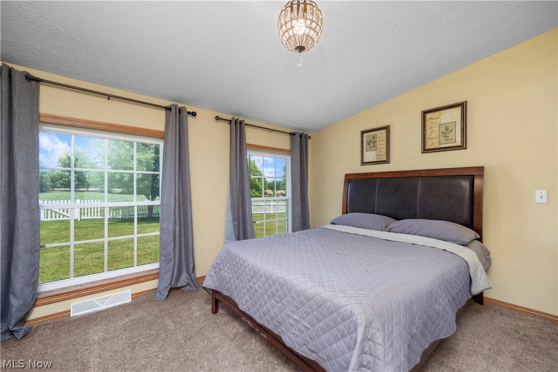 294 Twp 150 Road Sullivan, OH 44880 - Photo 27 of 39 Bedroom featuring two large windows with white grid panes, a contemporary ceiling light fixture, neutral wall paint, and plush carpet flooring