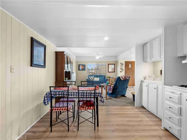 a view of a dining room with furniture