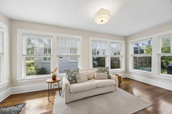 a view of a dining room with furniture window and outside view