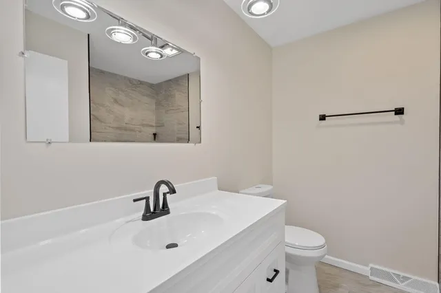 a bathroom with a sink a toilet and a mirror