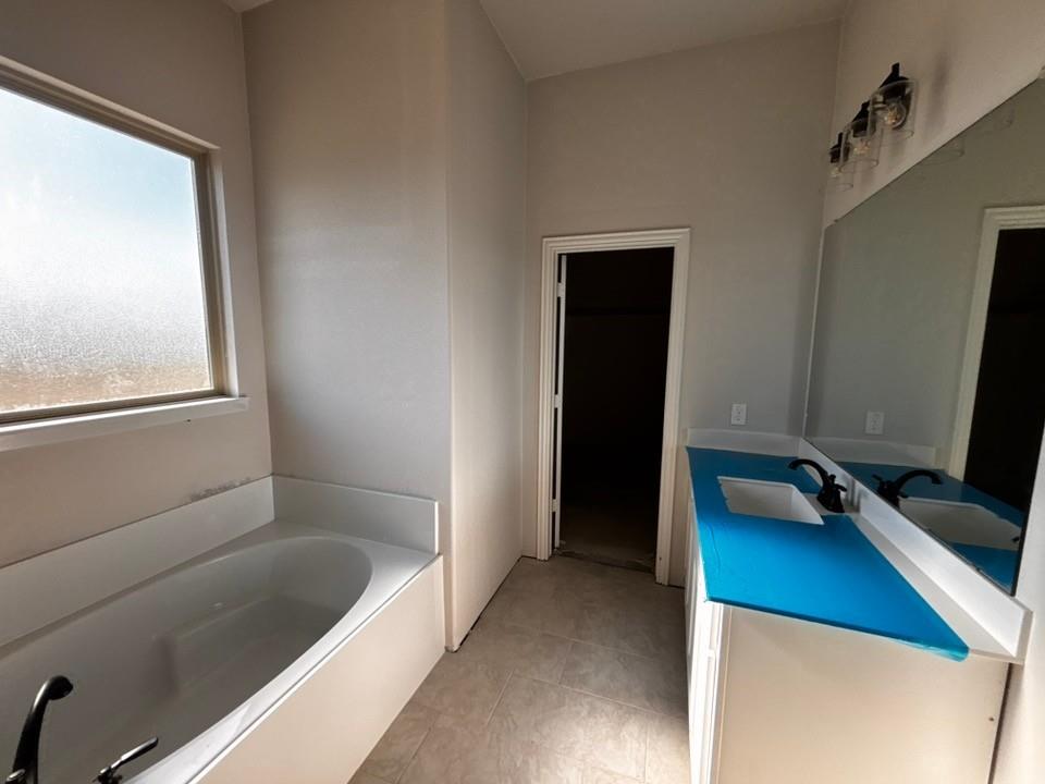 125 Pheasant Run Drive Rhome, TX 76078 - Photo 9 of 11 Freestanding soaking tub with a white surround, dual vanity with undermount sinks, full-width mirror, and tile flooring