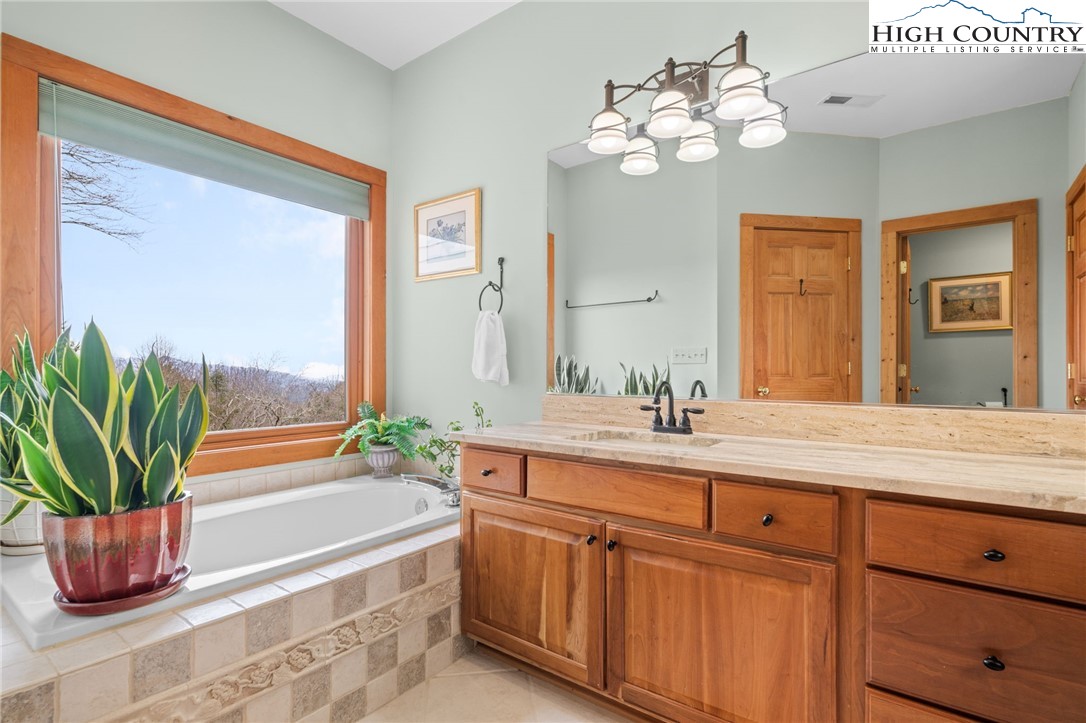 1690 Evergreen Drive Boone, NC 28607 - Photo 32 of 47 a bathroom with a granite countertop bathtub a sink and a potted plant