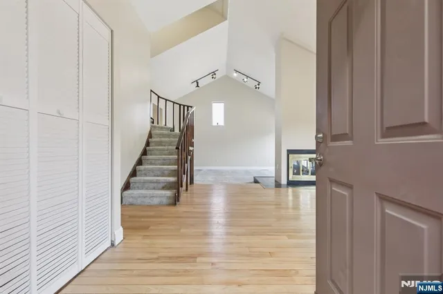 a view of a livingroom with wooden floor