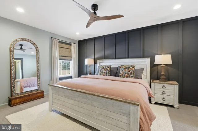 a bedroom with a bed and a mirror