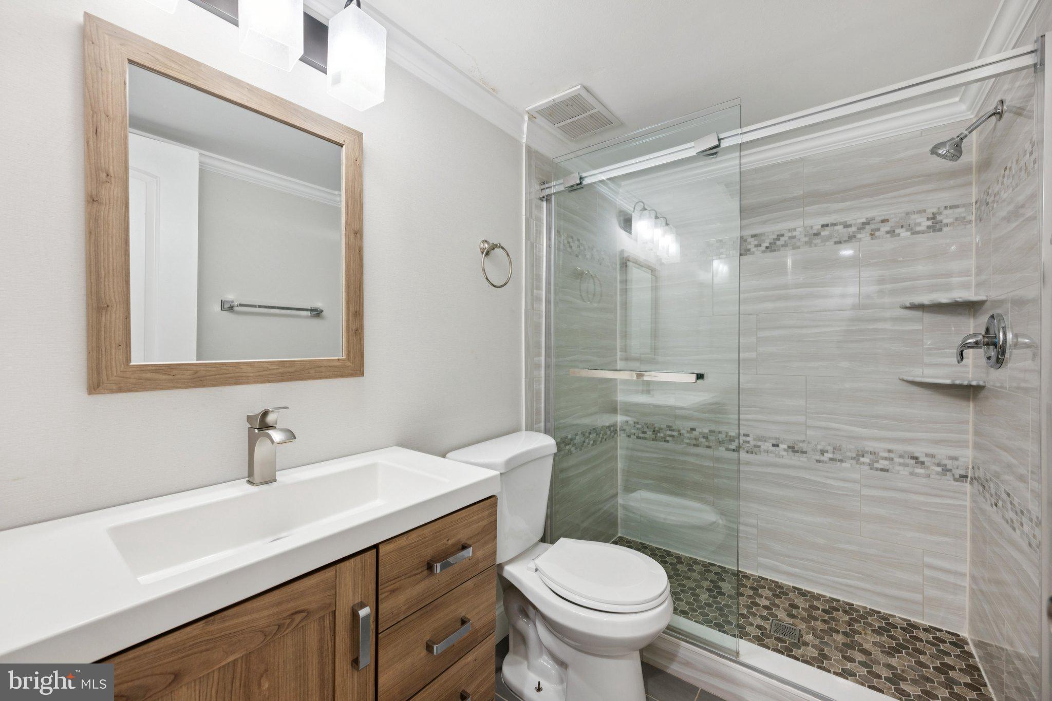 2016 Coleridge Drive, Unit 24102 Silver Spring, MD 20902 - Photo 14 of 19 a bathroom with a sink toilet a mirror and shower