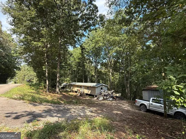 a view of a park with large trees