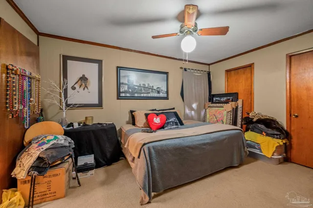 a room with a bed and a chandelier