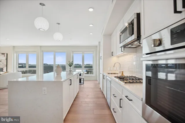 a kitchen with stainless steel appliances a stove a white cabinets a potted plant and a window