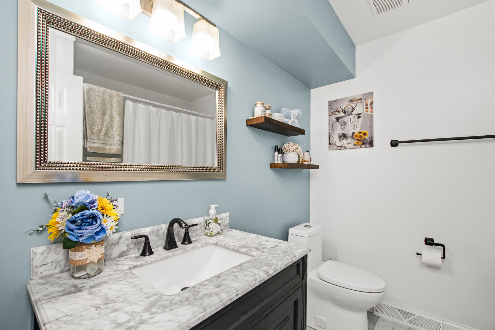 715 South Naperville Road Wheaton, IL 60189 - Photo 25 of 34 a bathroom with a granite countertop toilet sink and mirror