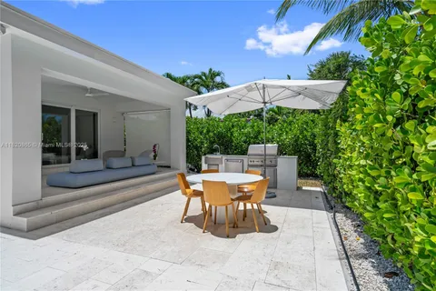a view of a backyard with plants and a patio