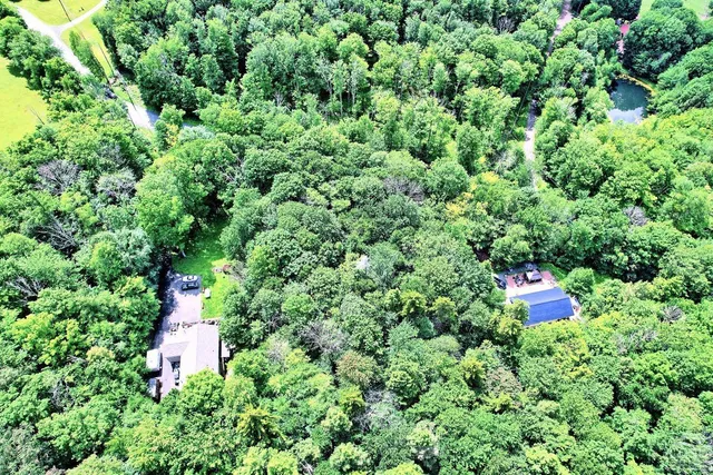 a bird view of a house with a lush green forest