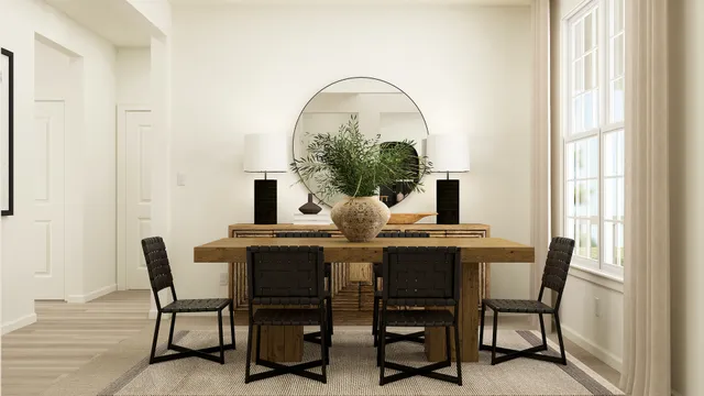 a dining room with furniture and window