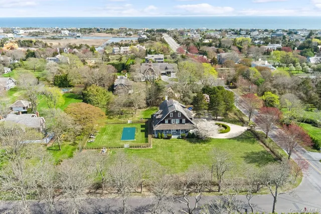 a view of a lake in middle of the town