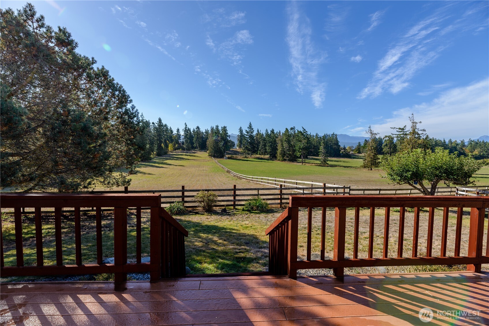 103 Turnagain Place Sequim, WA 98382 - Photo 8 of 40 a view of a roof deck with large trees and wooden fence