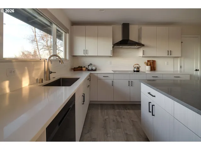 a kitchen with stainless steel appliances a sink window and cabinets