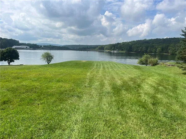 a view of a lake with houses in the back