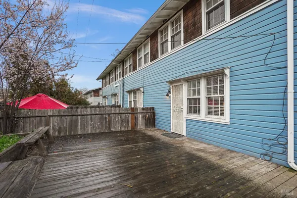 a garden view with a seating space