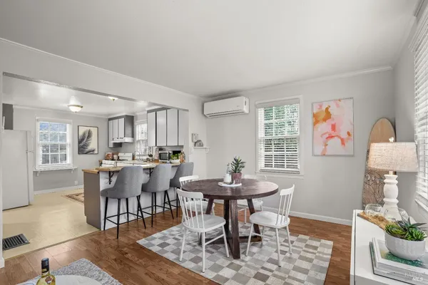 a view of a dining room with furniture