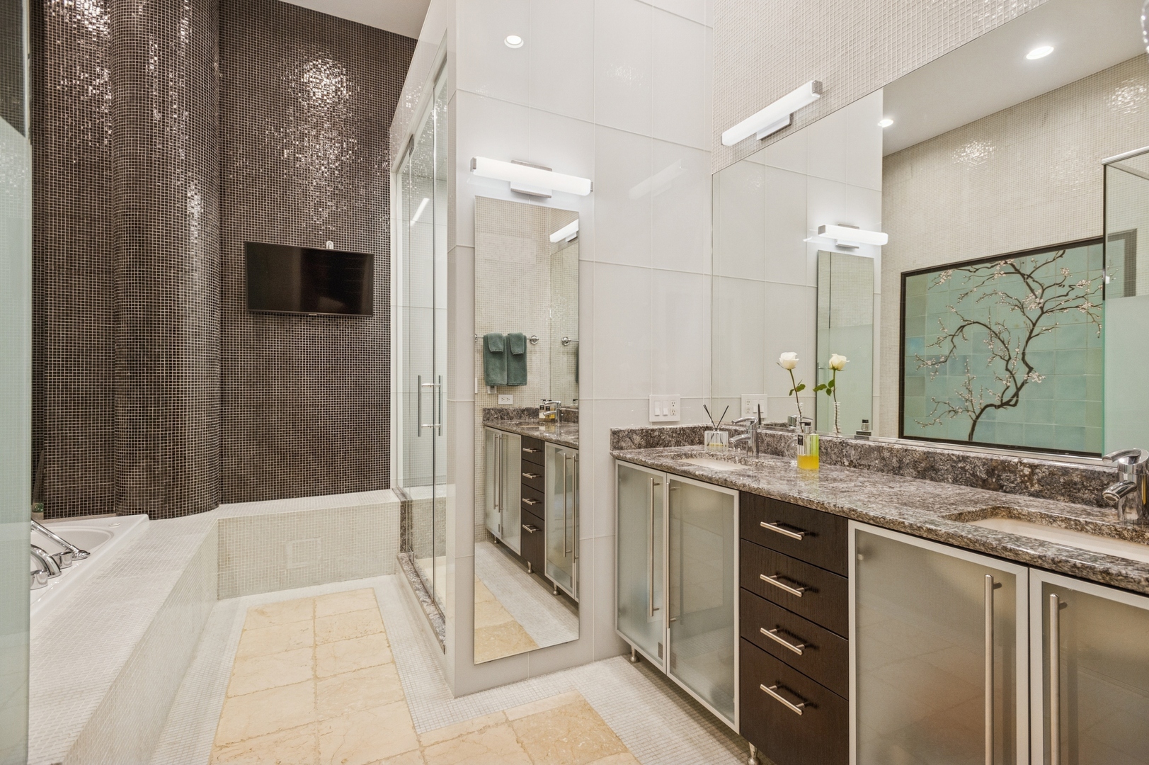 23 North Green Street, Unit 504 Chicago, IL 60607 - Photo 18 of 30 a bathroom with a granite countertop sink mirror and shower
