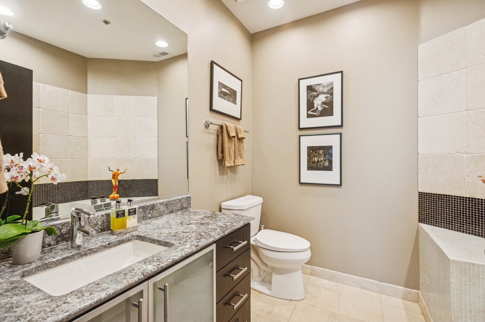 23 North Green Street, Unit 504 Chicago, IL 60607 - Photo 22 of 30 a bathroom with a granite countertop sink a toilet and a mirror