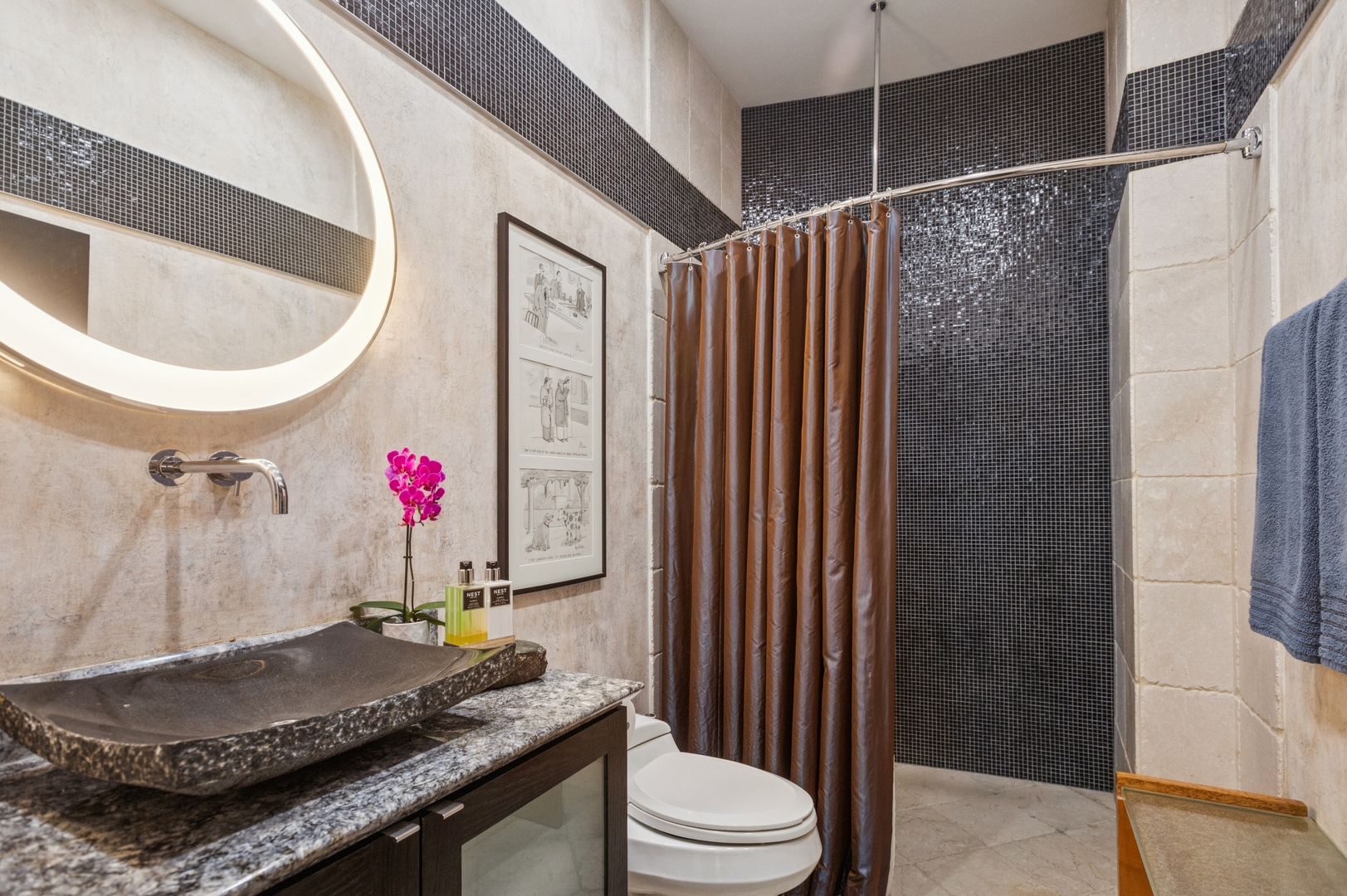 23 North Green Street, Unit 504 Chicago, IL 60607 - Photo 24 of 30 a bathroom with a granite countertop sink a toilet and shower