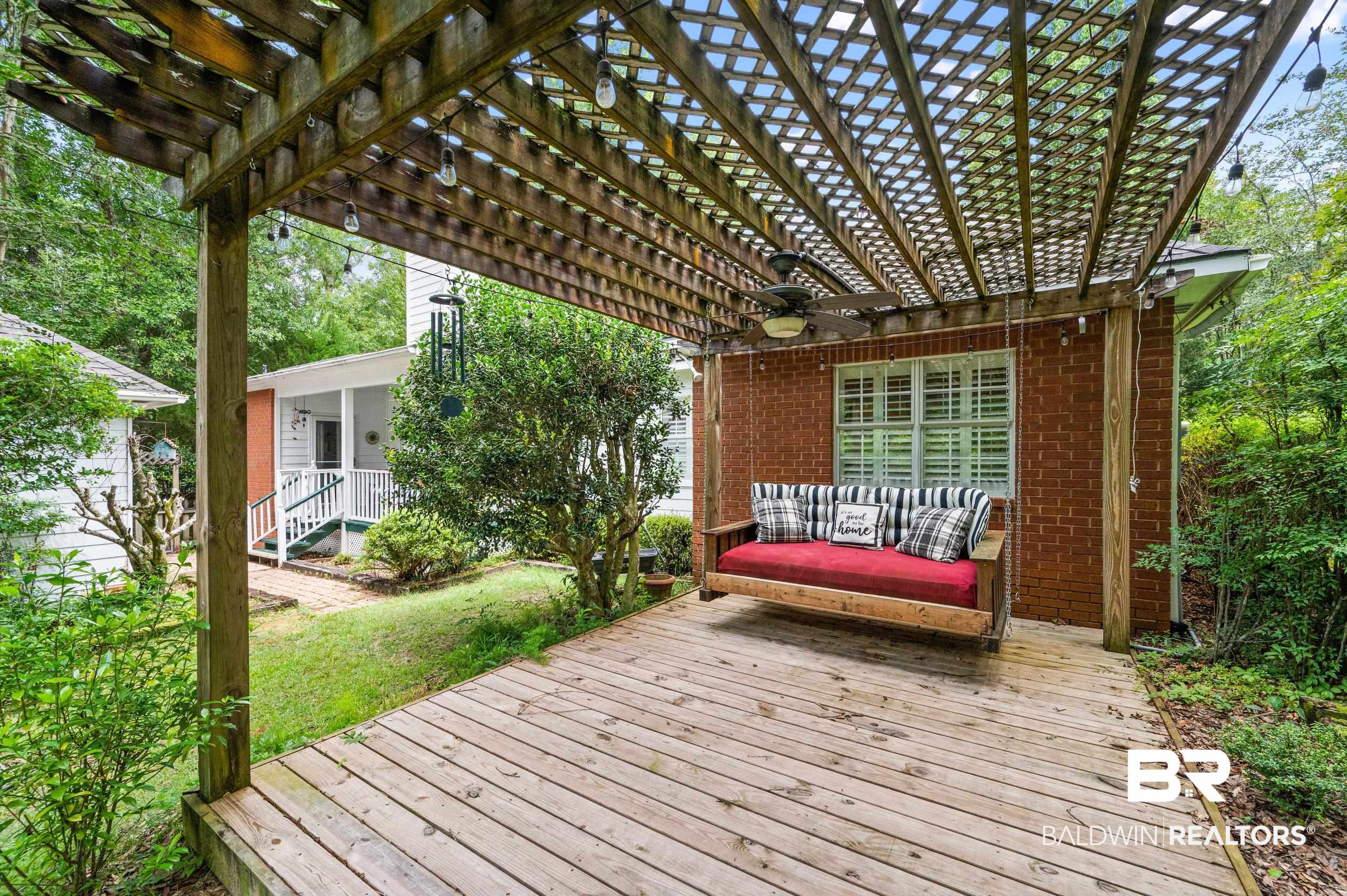 6638 Jackson Square Daphne, AL 36526 - Photo 16 of 62 Deck featuring ceiling fan, an outdoor living space, and a pergola