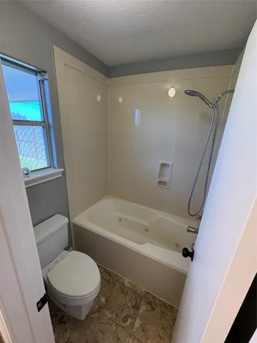 a bathroom with a toilet and a bathtub