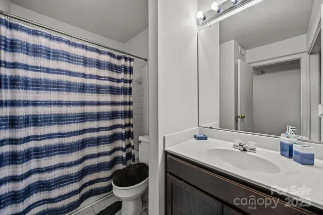 a bathroom with a sink a toilet a mirror and shower curtain