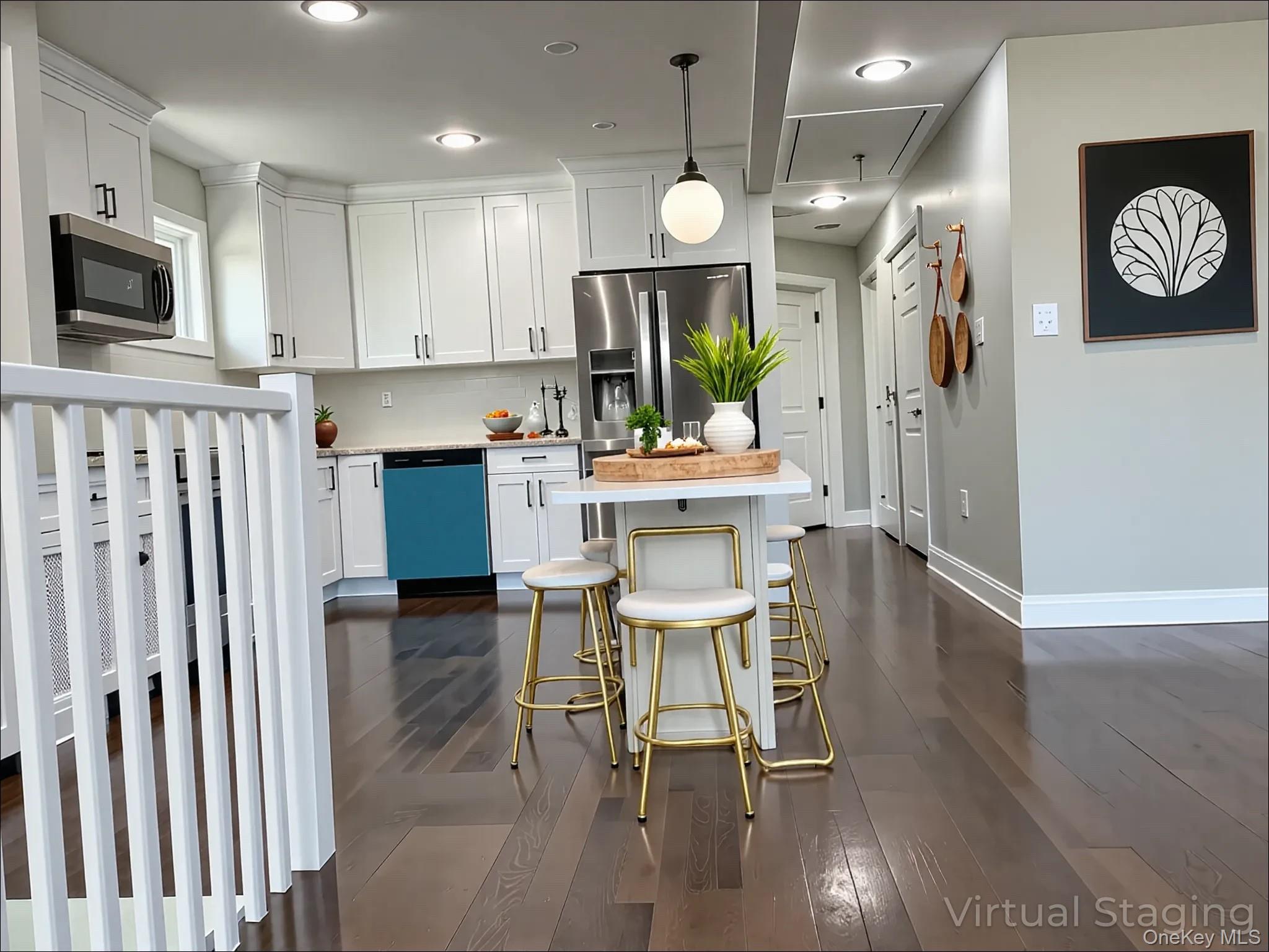 248 East Shore Road Lindenhurst, NY 11757 - Photo 4 of 46 Kitchen with hanging light fixtures, appliances with stainless steel finishes, white cabinetry, dark wood finished floors, and recessed lighting