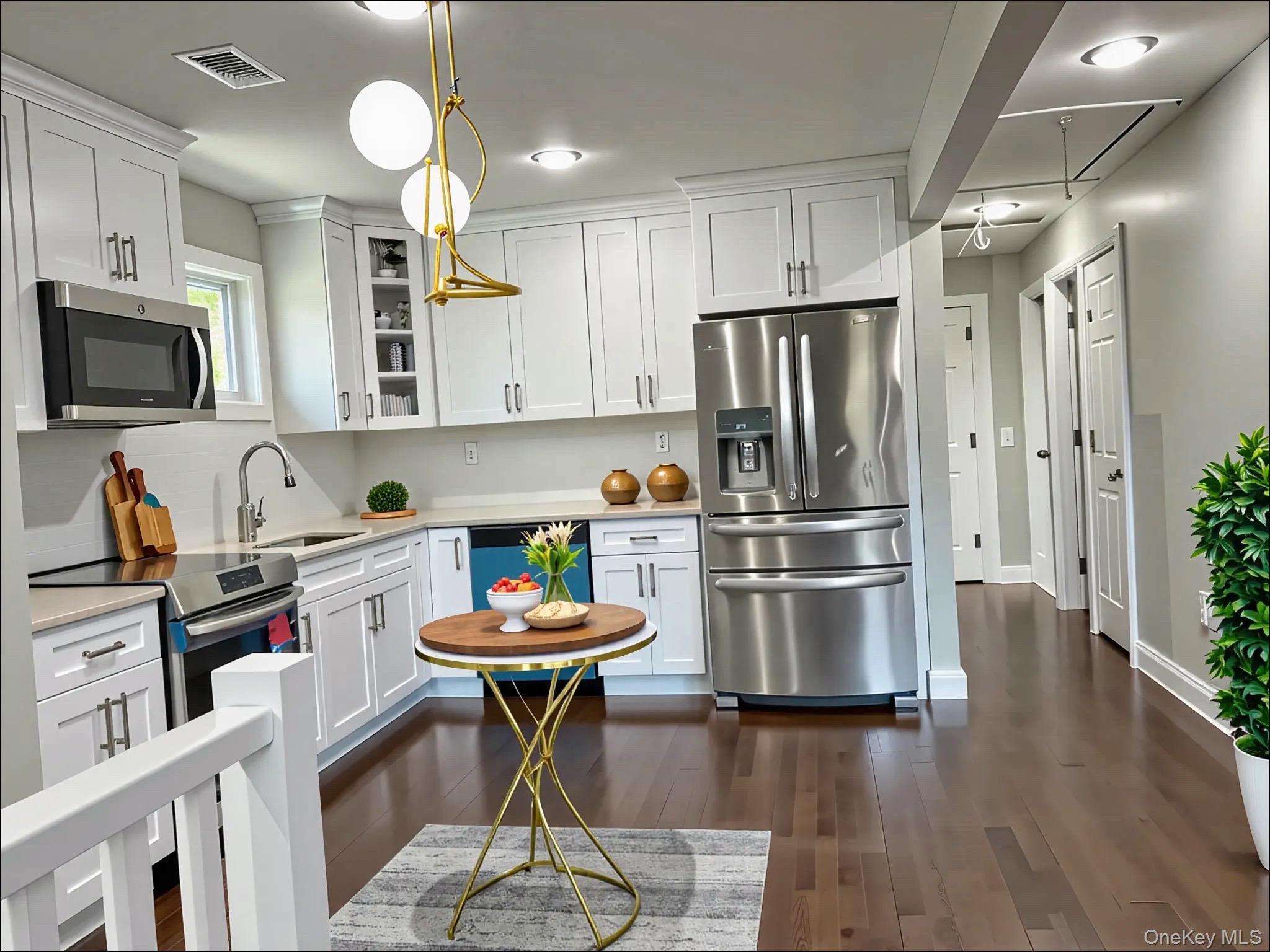 248 East Shore Road Lindenhurst, NY 11757 - Photo 6 of 46 Kitchen with appliances with stainless steel finishes, dark wood-style floors, glass insert cabinets, pendant lighting, and white cabinetry