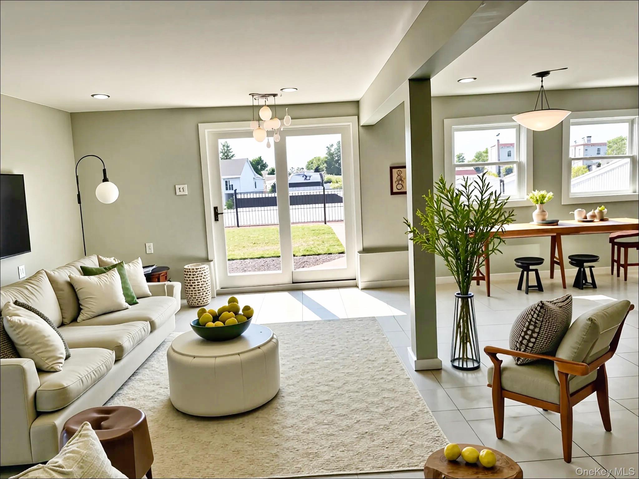 248 East Shore Road Lindenhurst, NY 11757 - Photo 8 of 46 Living area featuring light tile patterned floors, recessed lighting, and a chandelier