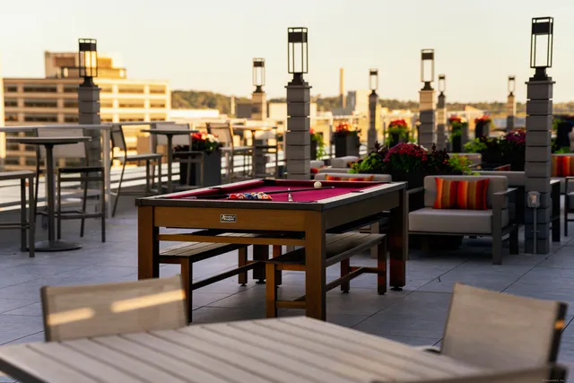 a view of a terrace with furniture