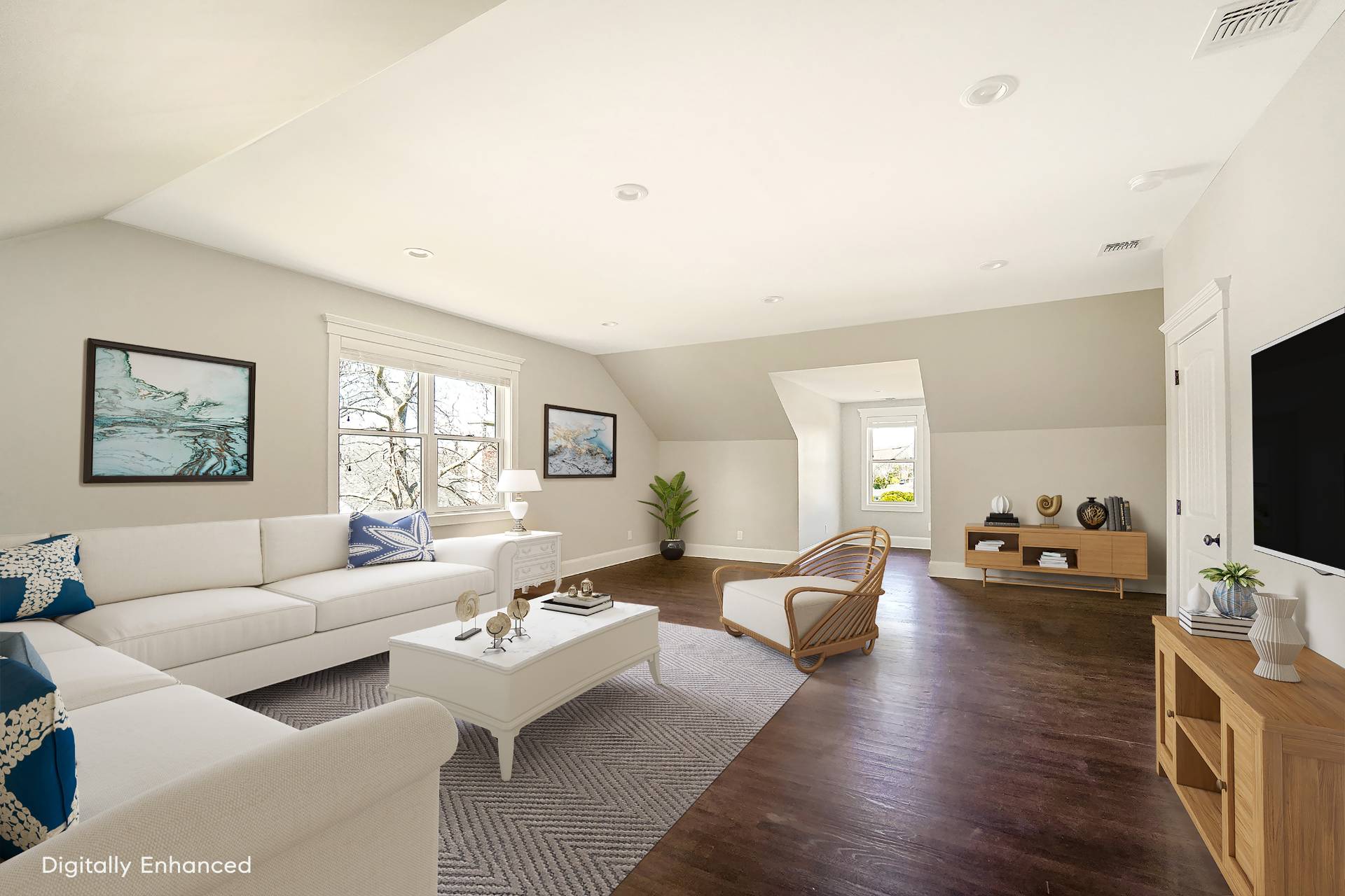 64 Romana Drive Hampton Bays, NY 11946 - Photo 16 of 29 a living room with furniture a flat screen tv and a large window