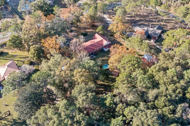 a aerial view of a house with a yard and covered with trees