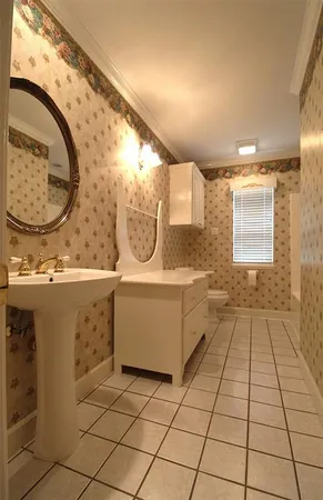 a bathroom with a sink a toilet and a mirror