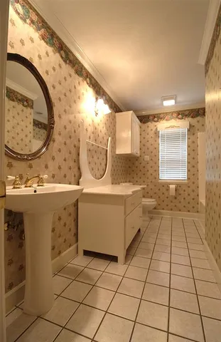 a bathroom with a sink a toilet and a mirror