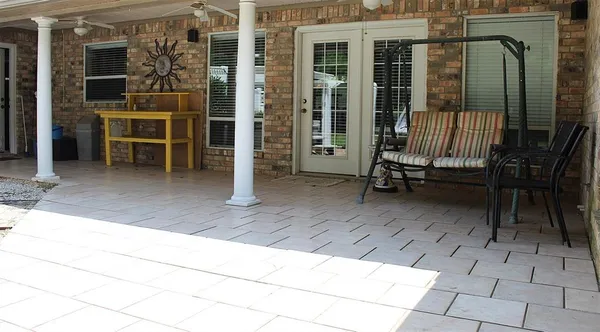 an outdoor view with patio