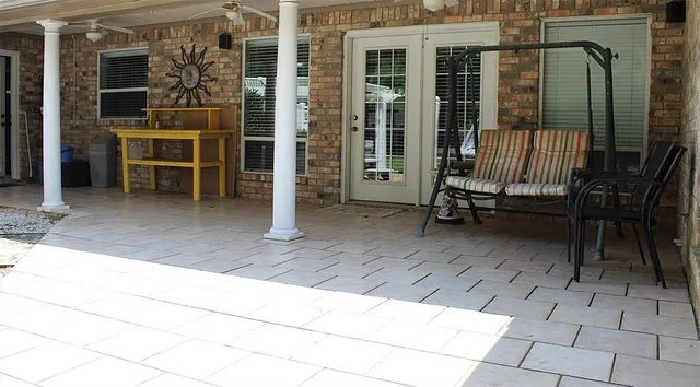 an outdoor view with patio